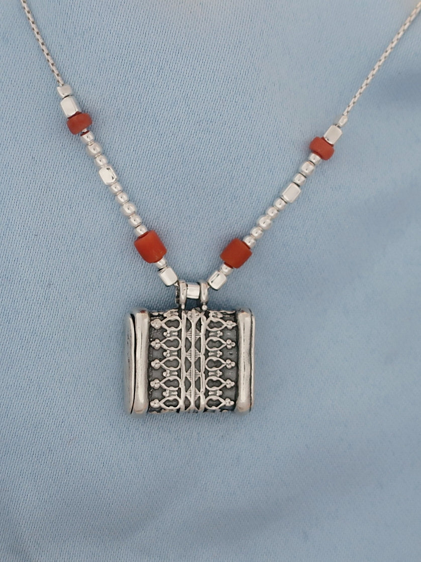C15- Square Box Pendant with Opening Cap and Coral Beads - Zehava Jewelry