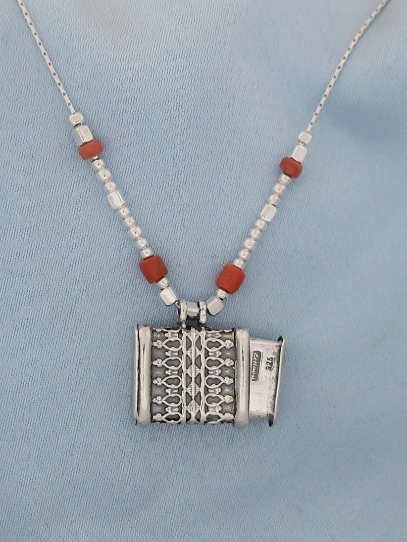 C15- Square Box Pendant with Opening Cap and Coral Beads - Zehava Jewelry