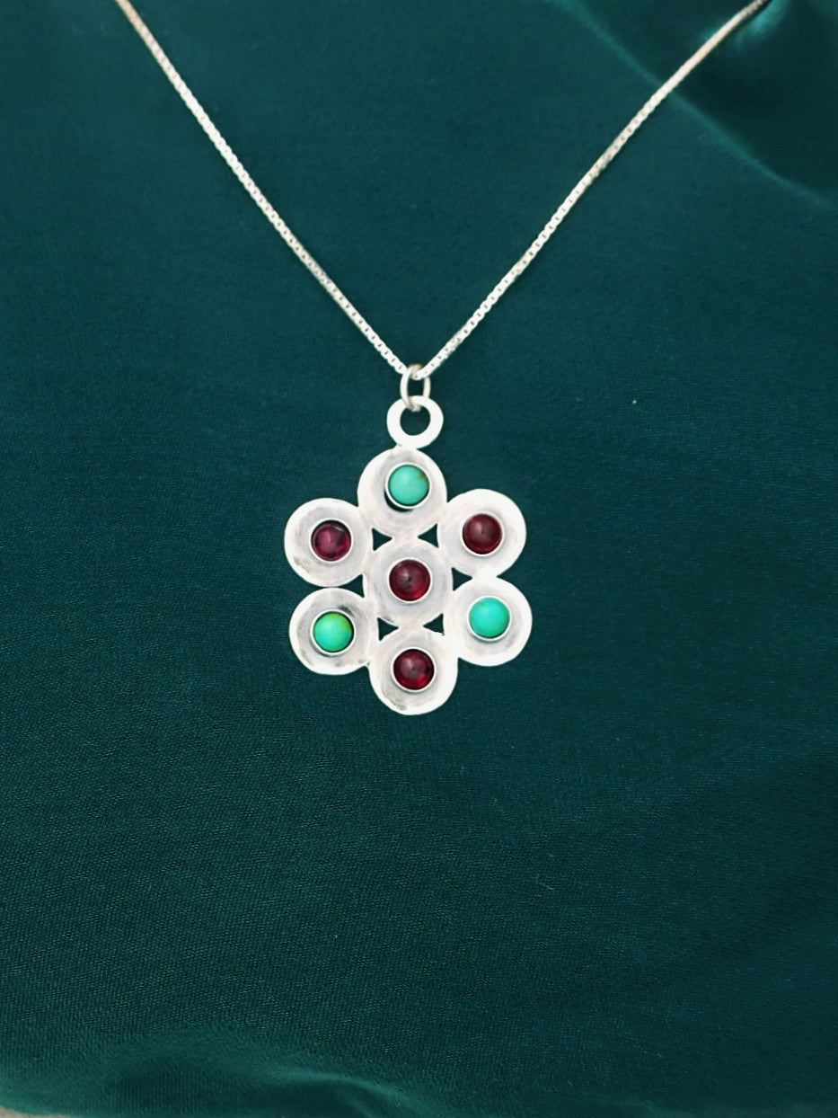 B169- Flower Pendant with Turquiose & Garnet Stones