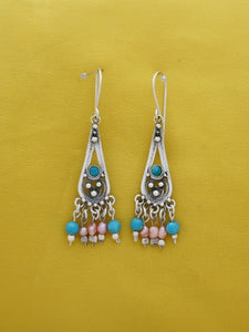 E102- Silver Earrings with Turquoise & Pearls Beads