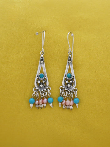 E102- Silver Earrings with Turquoise & Pearls Beads